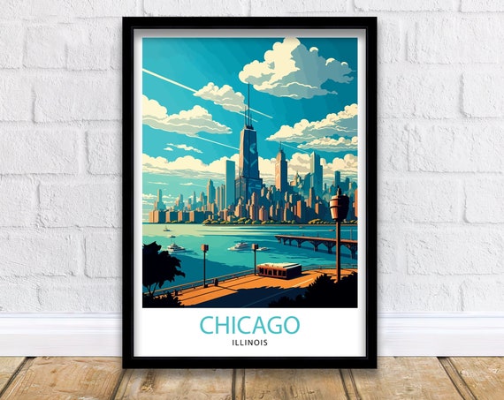 Chicago Skyline Travel Poster, Illinois Cityscape