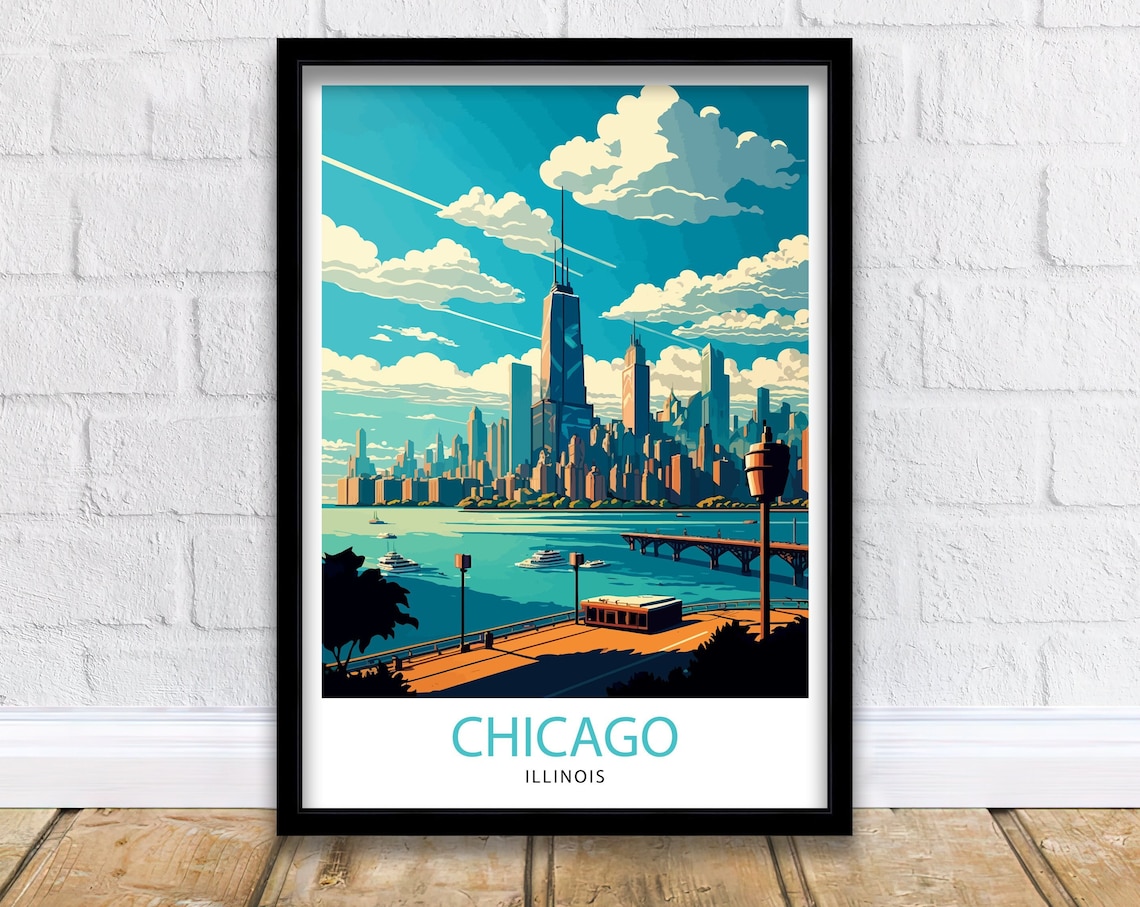 Chicago Skyline Travel Poster, Illinois Cityscape