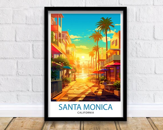 Santa Monica California Palm Street Sunset Beach Travel Poster