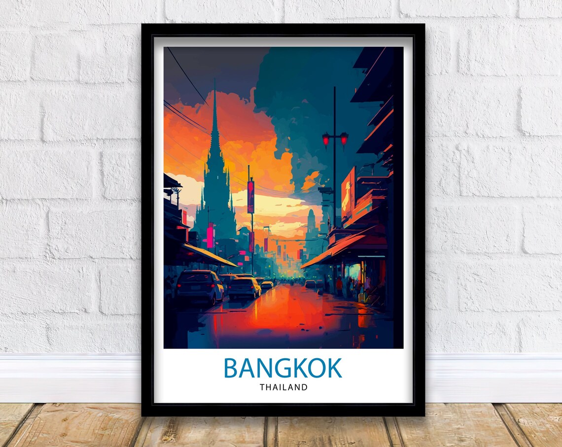 Bangkok Thailand Neon Sunset Street Temple Spire Cityscape Poster