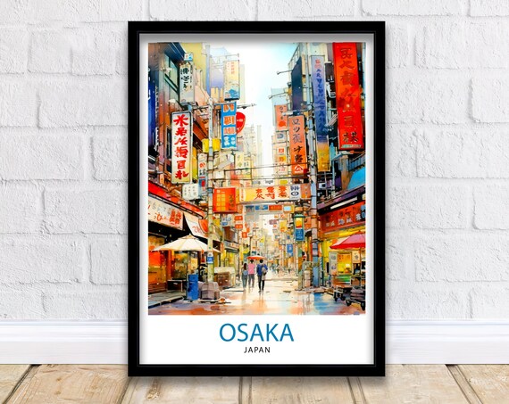 Osaka Japan Vibrant City Street with Neon Signs Travel Poster