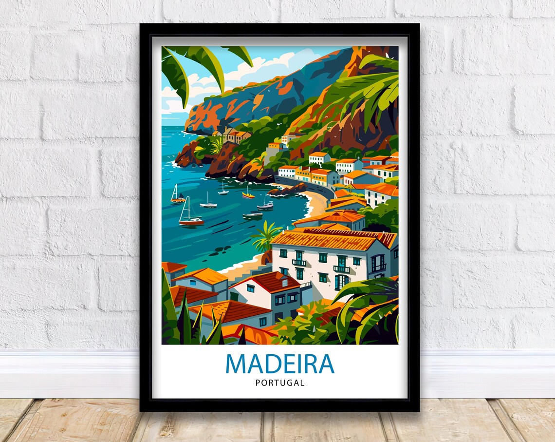 Madeira Portugal Coastal Cliff Village Sailboats Travel Poster