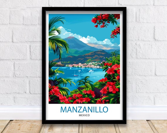 Manzanillo Mexico Tropical Bay Framed by Bright Red Flowers Poster