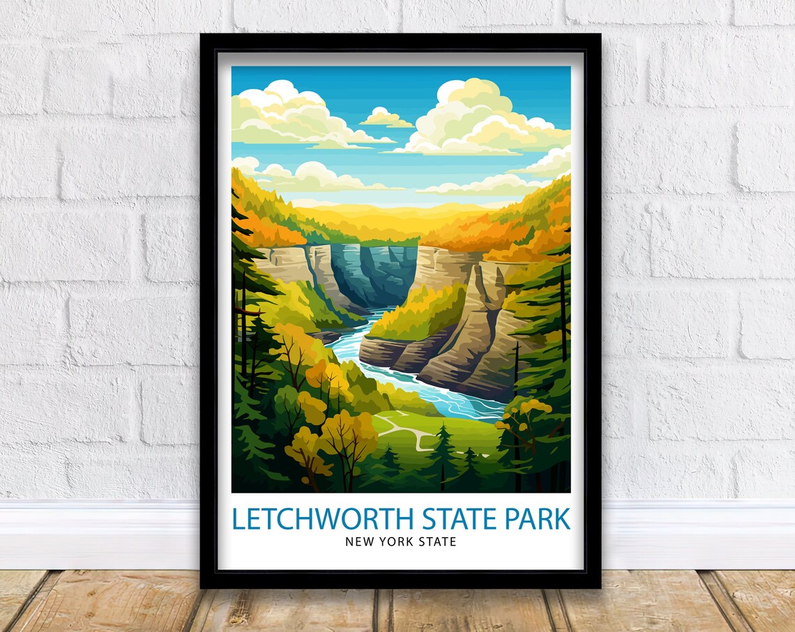 Letchworth State Park New York Gorge Waterfall Autumn Travel Poster