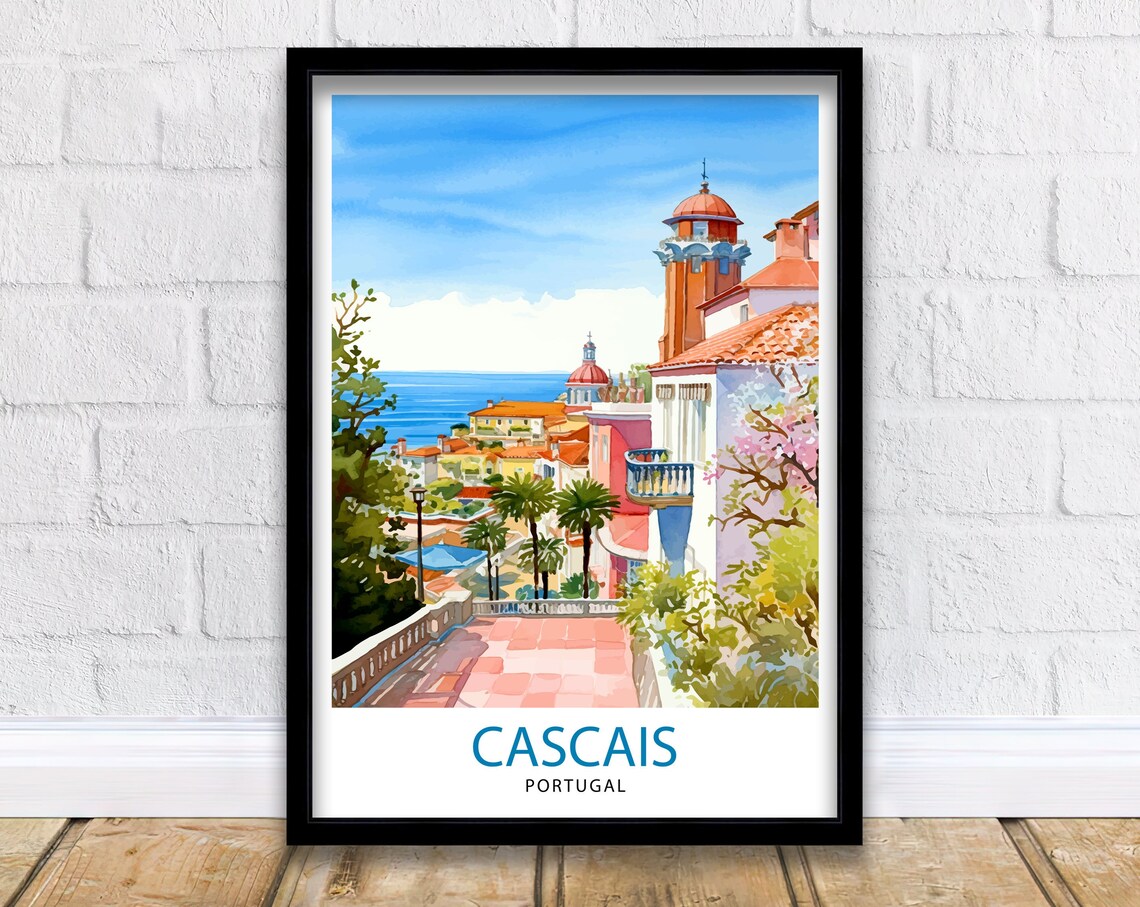 Cascais Portugal Watercolor Coastal Town Terrace Travel Poster