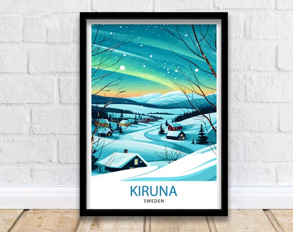Kiruna Sweden Lapland Snowy Village Aurora Borealis Travel Poster