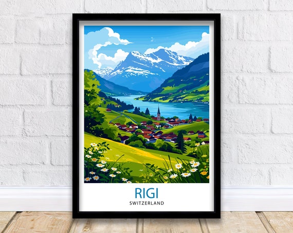 Rigi Switzerland Print Swiss Mountain Art Lake Lucerne View Poster Alpine Landscape Decor Rigi Kulm Summit Illustration Hiking Adventure