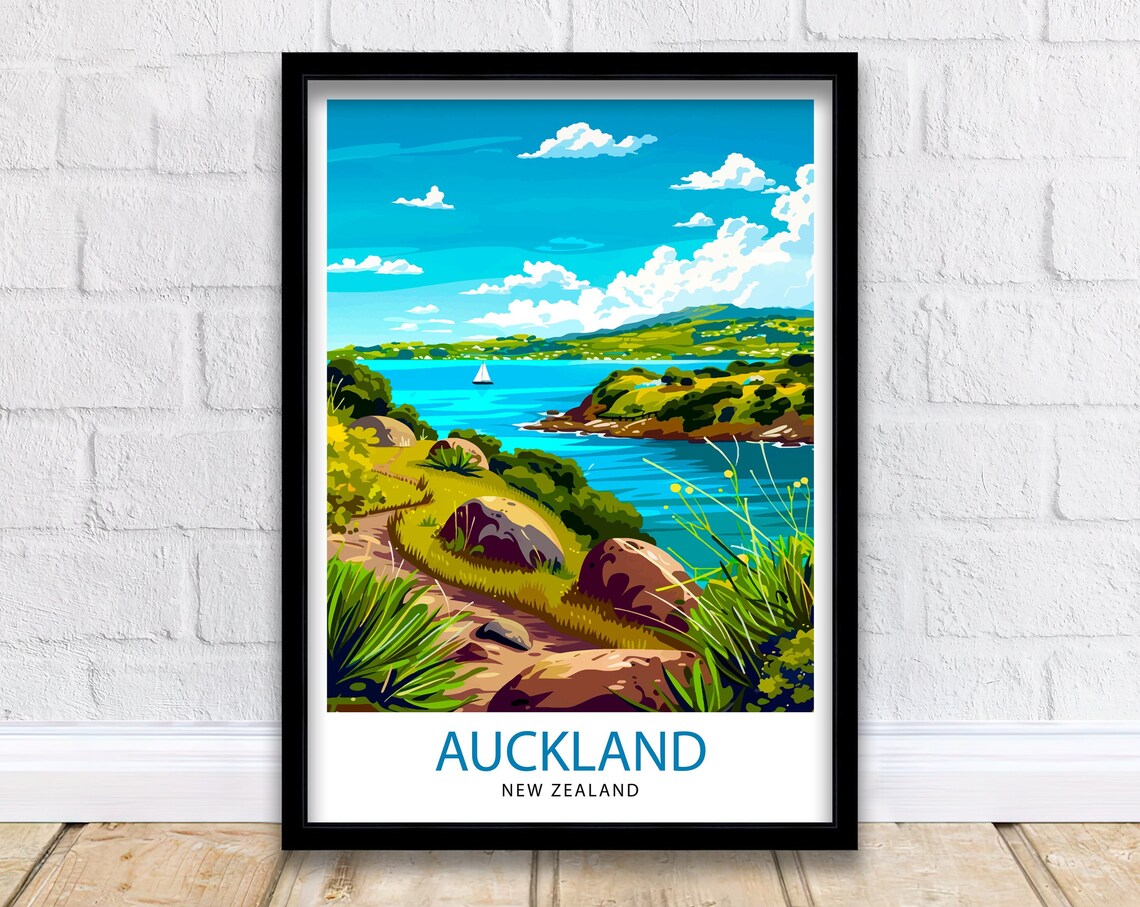 Auckland New Zealand Coastal Path Sailboat Bay Vintage Travel Poster