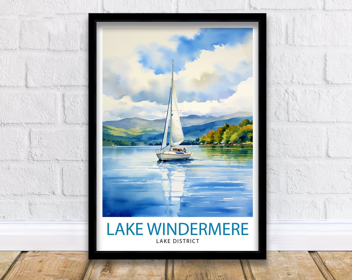 Lake Windermere Sailboat Watercolor English Lakes Travel Poster