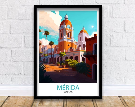 Merida Mexico Orange Cathedral Domes Colonial Square Travel Poster