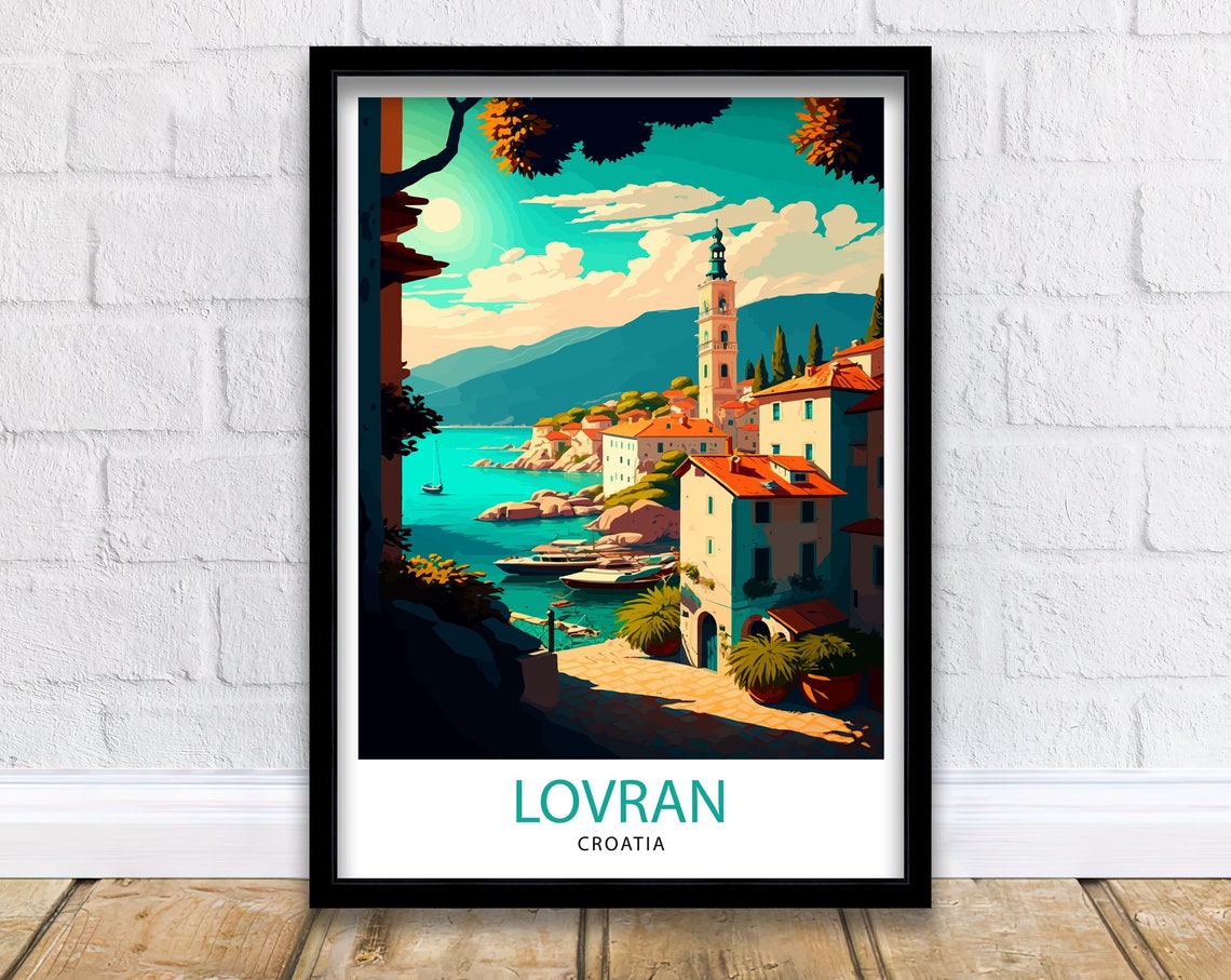 Lovran Croatia Cliffside Town Bell Tower Adriatic Coast Travel Poster