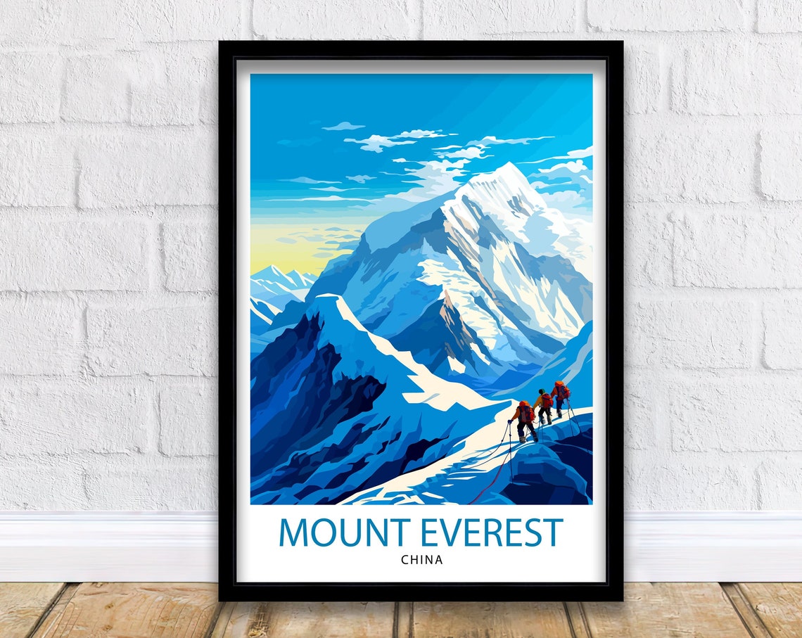 Mount Everest China Snowy Summit Climbers Vintage Travel Poster