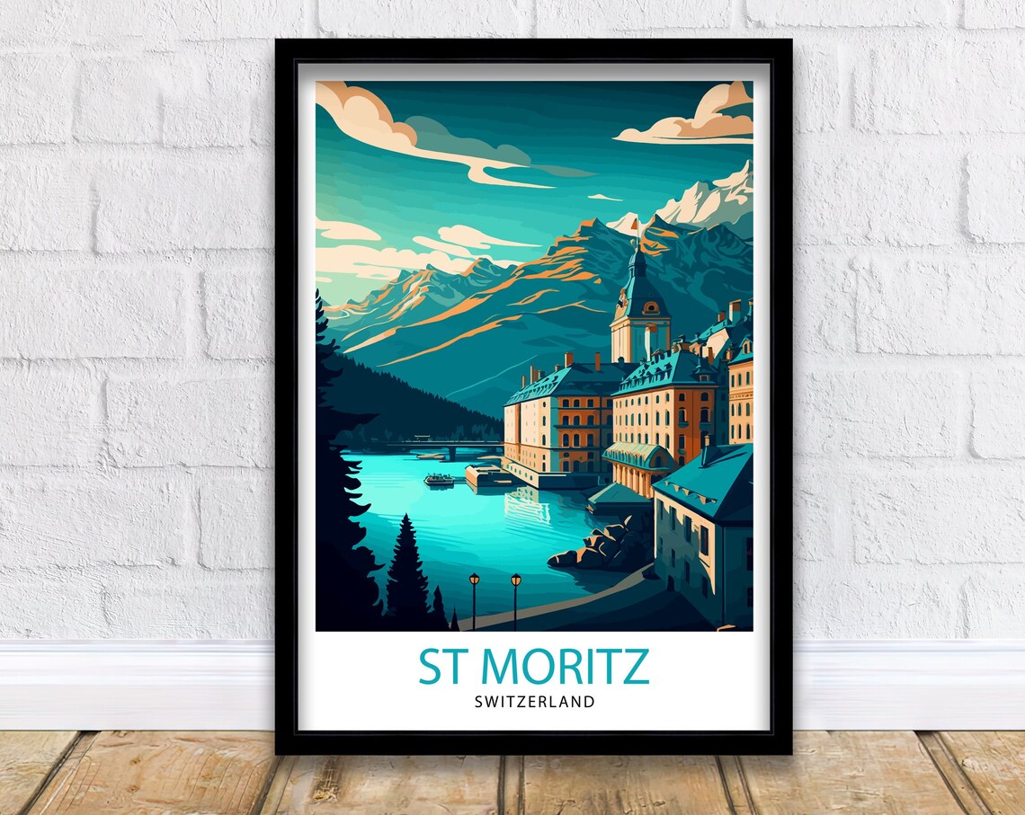 St Moritz Switzerland Alpine Lake Mountain Village Travel Poster