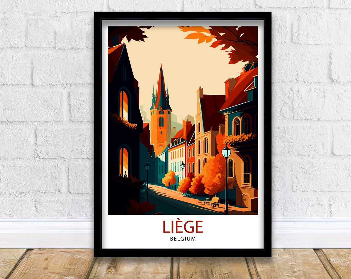 Liege Belgium Autumn Street Church Spire Vintage Style Travel Poster