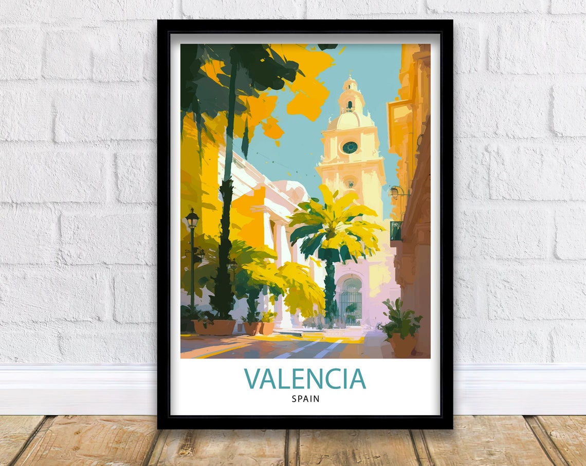 Valencia Spain Sunlit Street Palm Trees Bell Tower Travel Poster