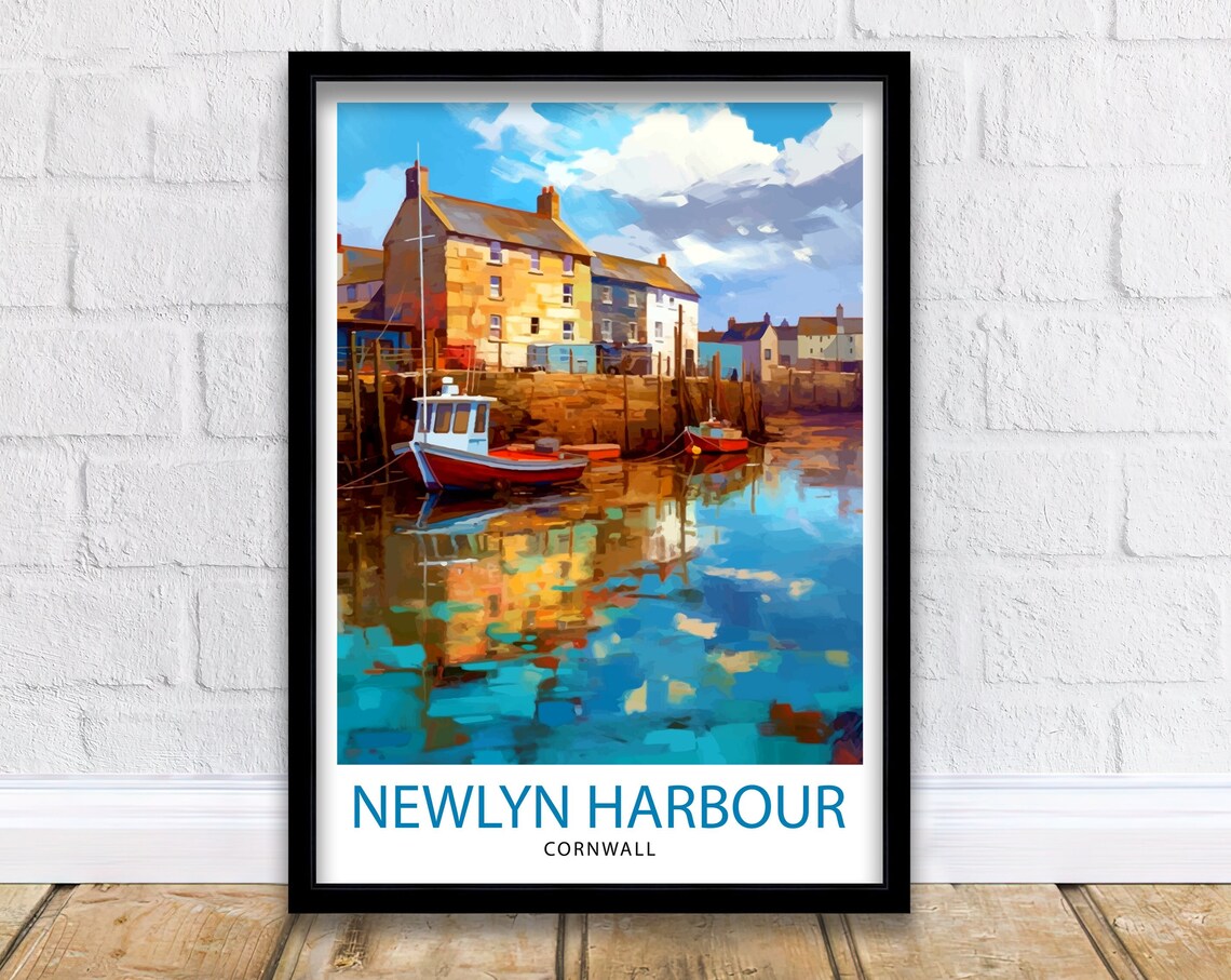 Newlyn Harbour Cornwall Fishing Boats Quay Watercolor Travel Poster