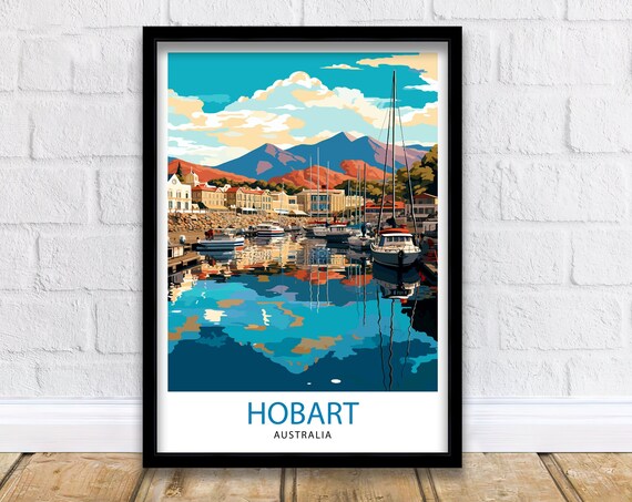 Hobart Australia Harbor Boats Mountain Backdrop Vintage Travel Poster