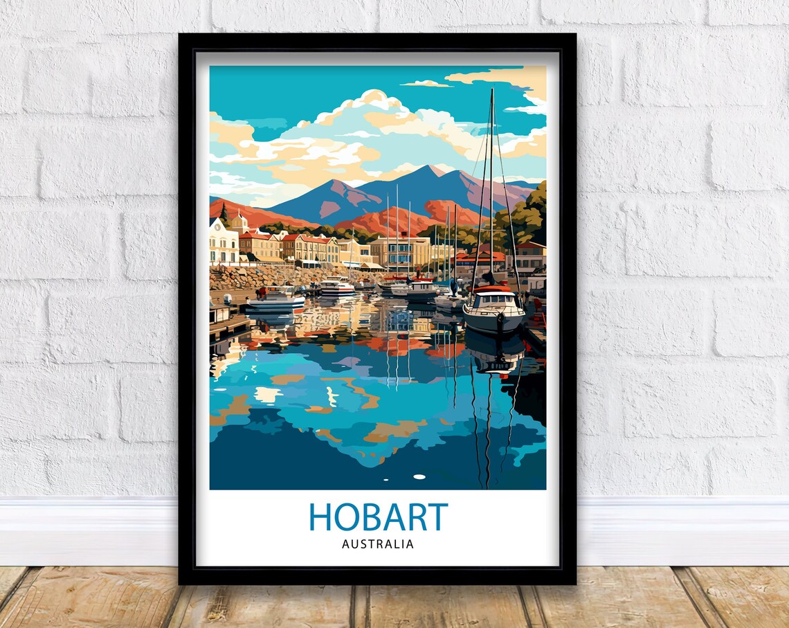 Hobart Australia Harbor Boats Mountain Backdrop Vintage Travel Poster