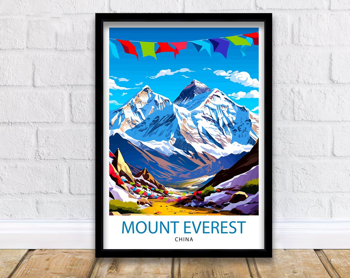 Mount Everest China Prayer Flags Himalaya Peaks Travel Poster