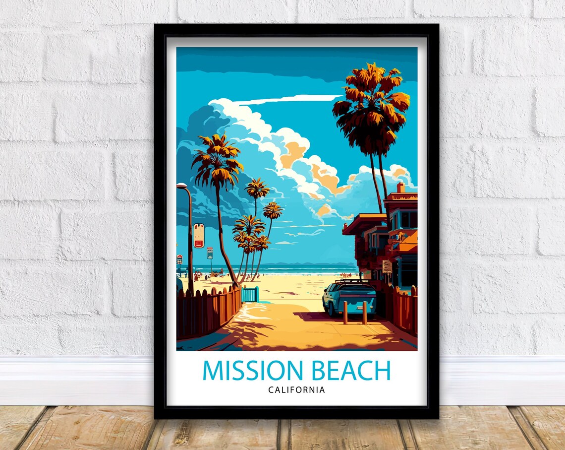Mission Beach California Palm Trees Boardwalk Vintage Travel Poster