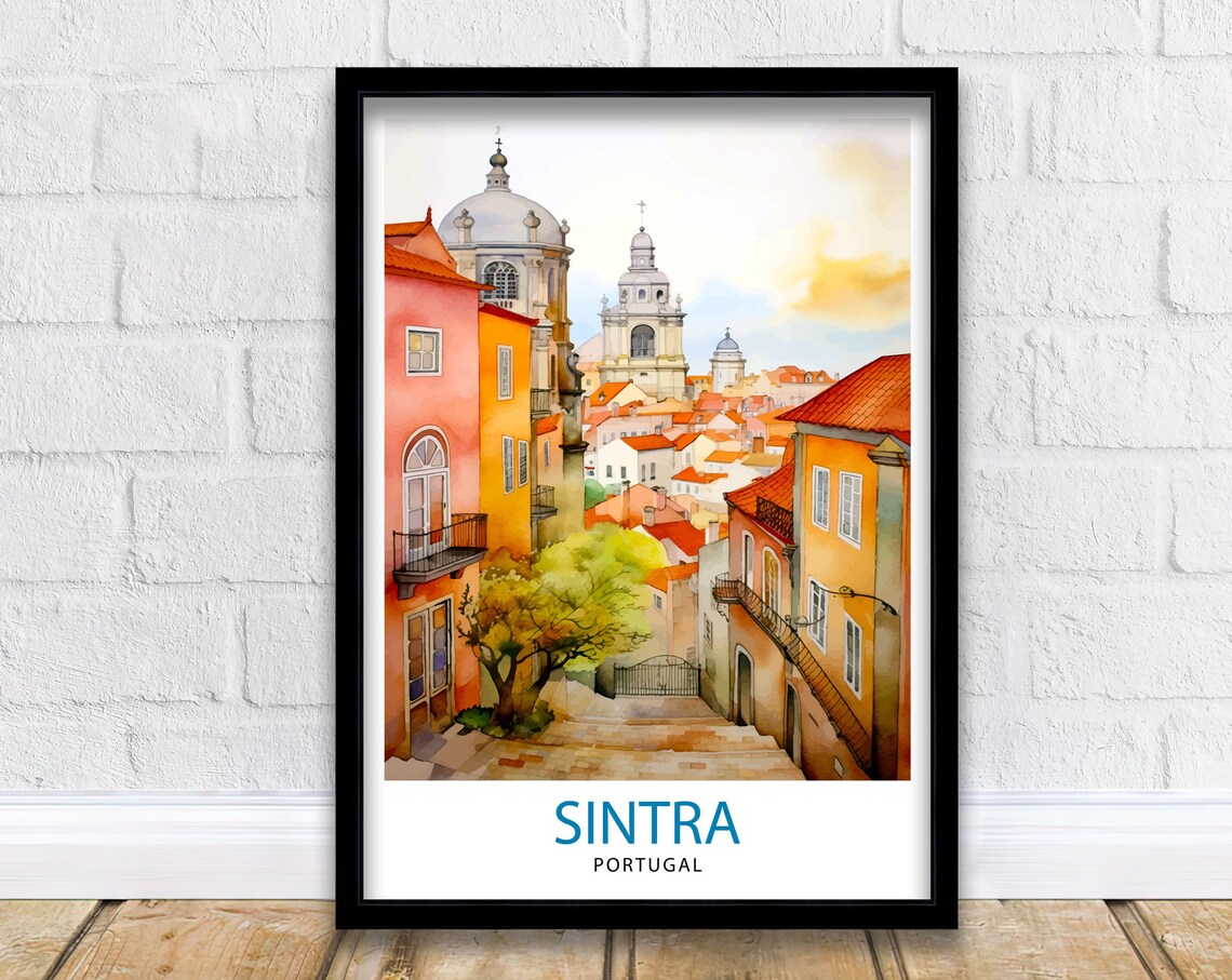 Sintra Portugal Watercolor Old Town Street Scenic Travel Poster