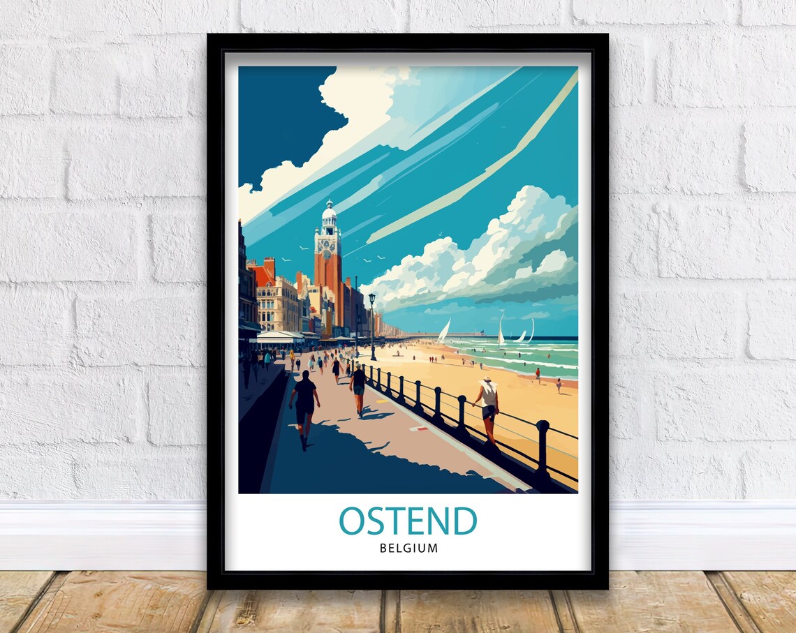 Ostend Belgium Seaside Promenade Beach Clock Tower Art Poster