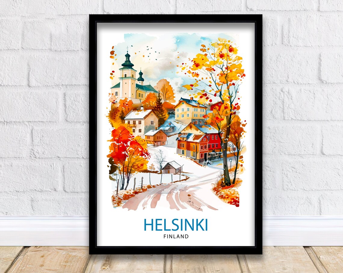 Helsinki Finland Winter Village Church Watercolor Travel Poster