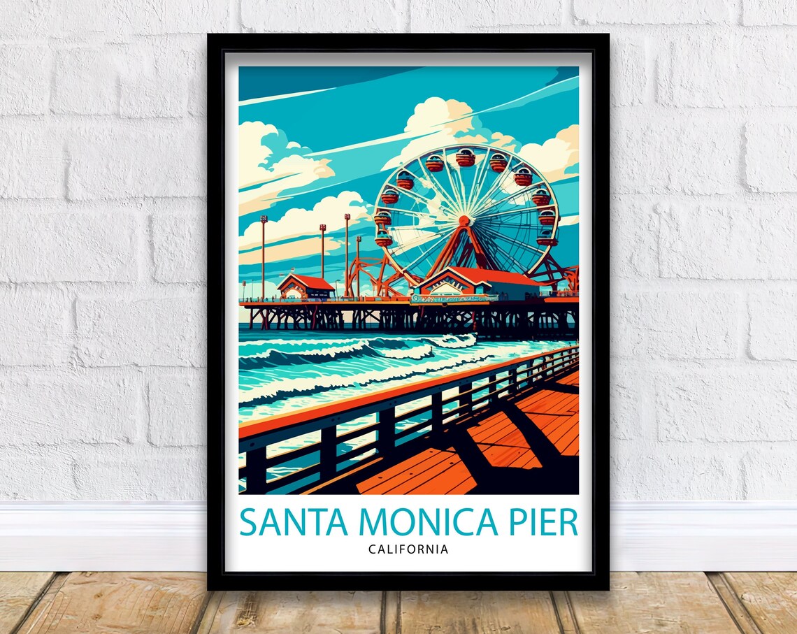 Santa Monica Pier Travel Poster, California Beach Scene