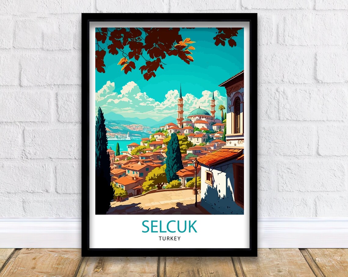 Selcuk Turkey Hill Town Twin Minaret Mosque Vintage Travel Poster