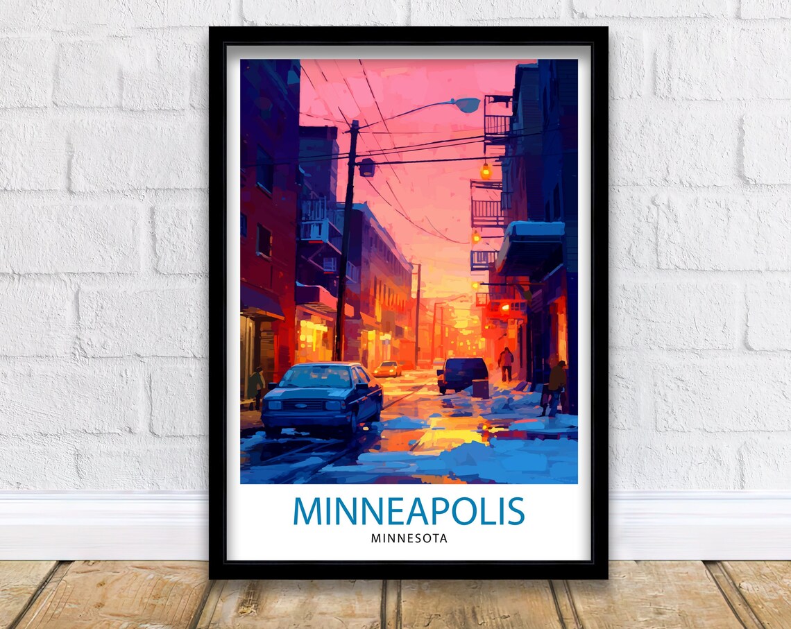 Minneapolis Minnesota Snowy Winter Street Sunset Travel Poster
