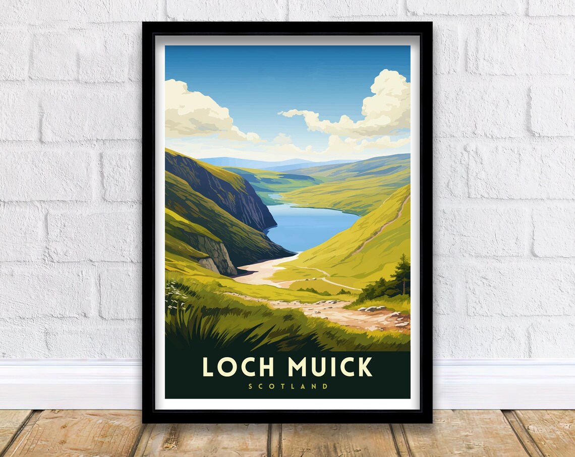 Loch Muick Scotland Green Valley Highland Loch Vintage Style Poster