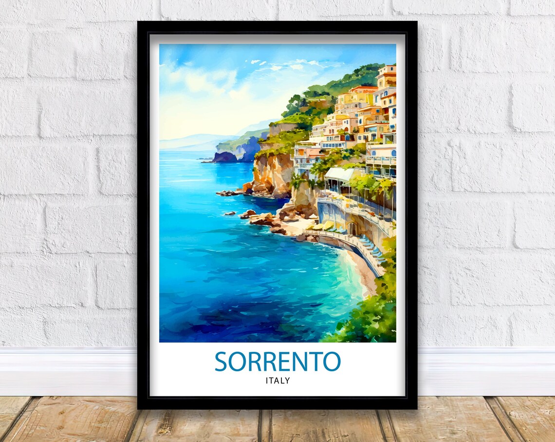 Sorrento Italy Amalfi Cliffside Town Coastline Watercolor Poster