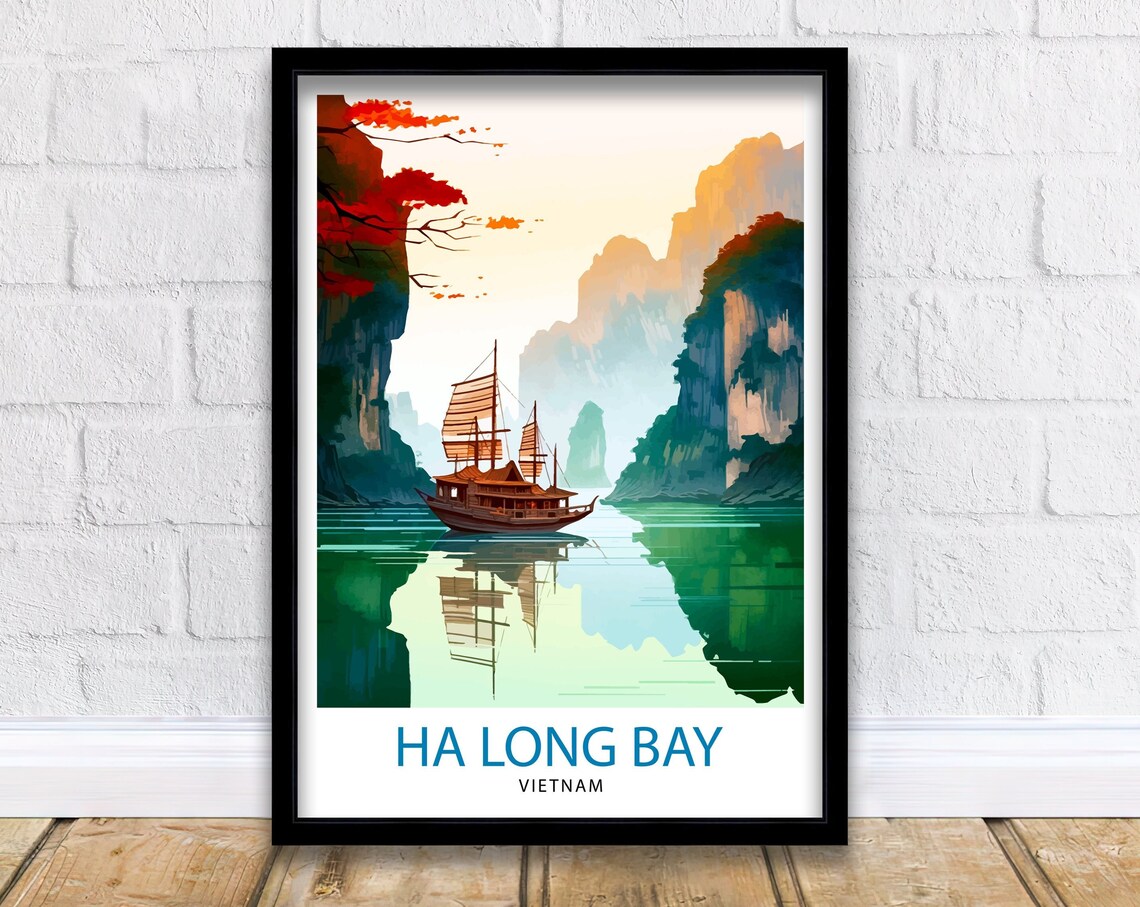 Ha Long Bay Vietnam Junk Boat Limestone Karsts Sunrise Travel Poster