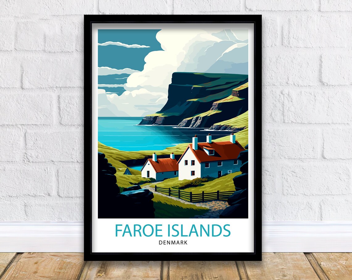 Faroe Islands Denmark Sea Cliffs Houses Vintage Travel Poster Village