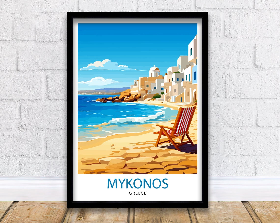Mykonos Greece Beach Deck Chair Whitewashed Town Island Poster