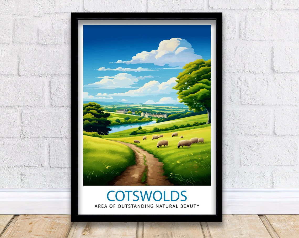 Cotswolds England Sheep Grazing Meadow Hills Travel Beautiful Poster