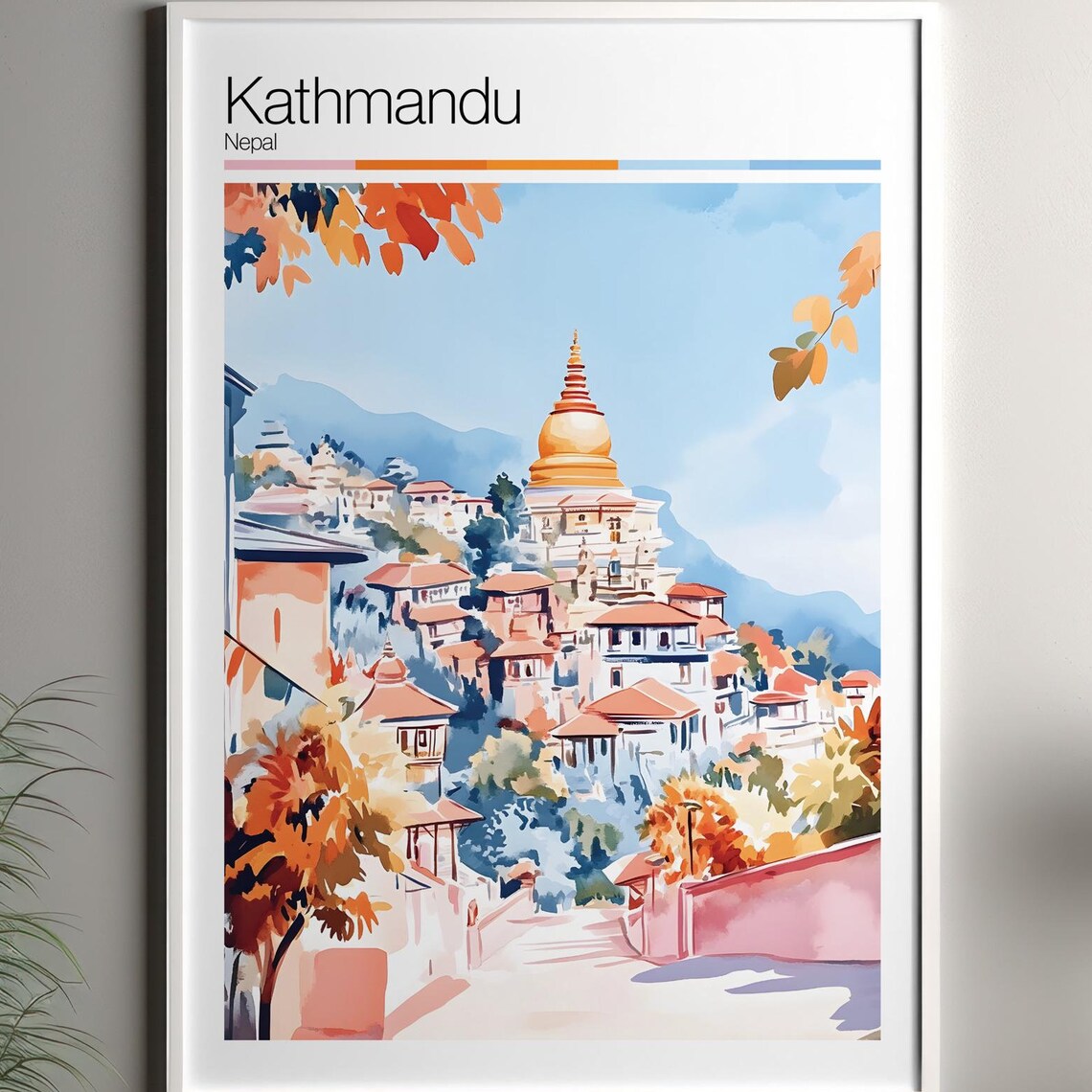 Kathmandu Nepal Golden Stupa Hillside Old Town Travel Poster