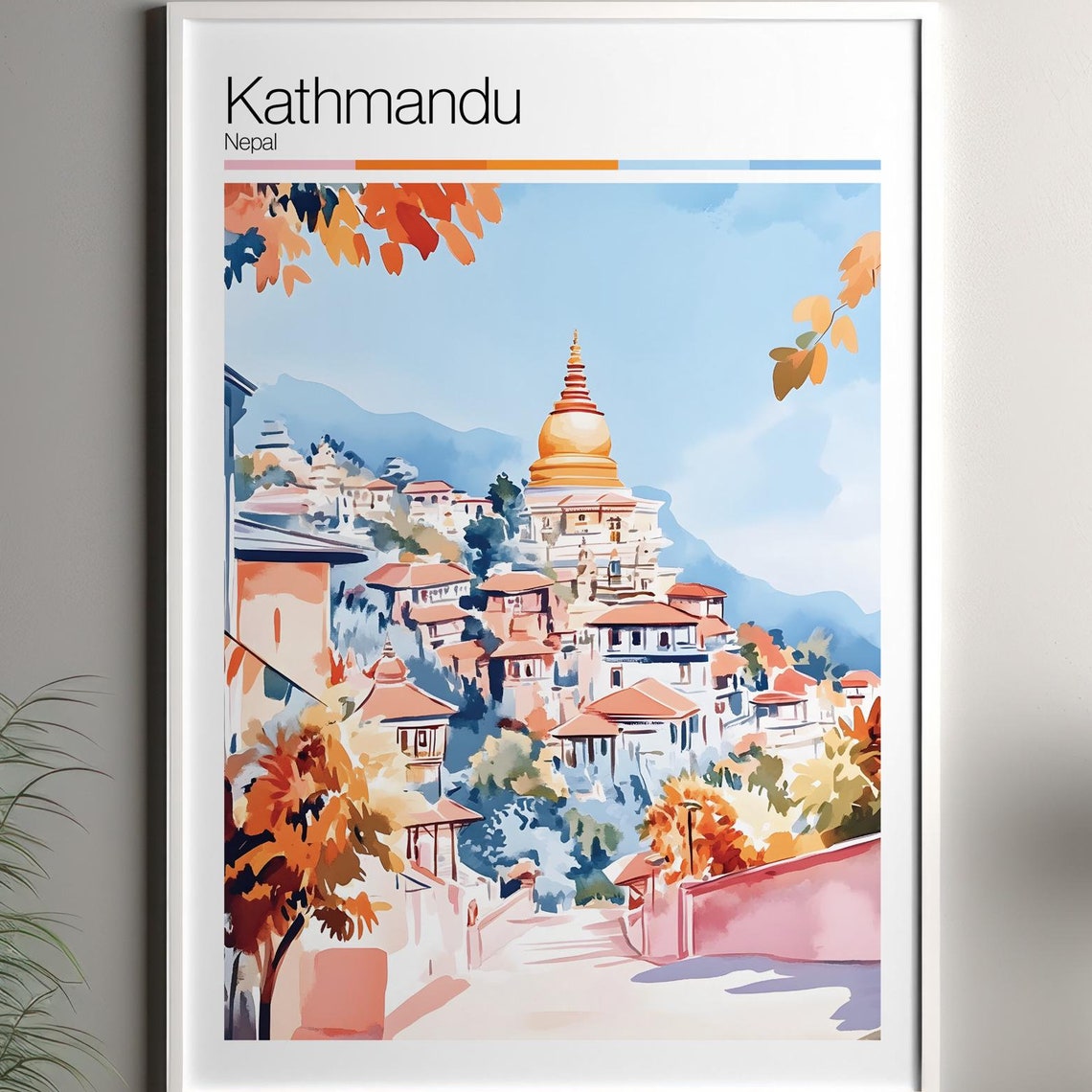 Kathmandu Print Soft Colors Travel Poster Colourful Wall Art Nepal City Decor For