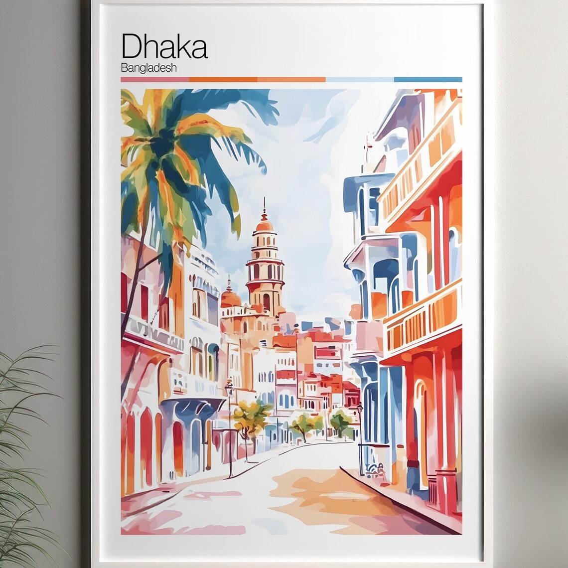 Dhaka Bangladesh Colonial Street Palm Watercolor Travel Poster