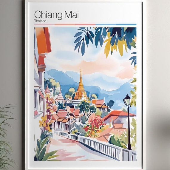 Chiang Mai Print Soft Colors Travel Poster Colourful Wall Art Thailand City Decor