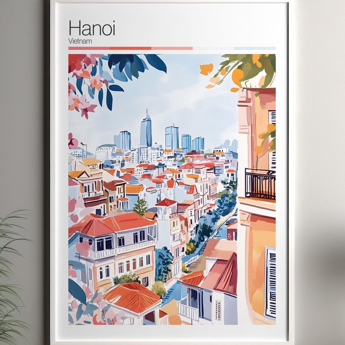 Hanoi Vietnam Old Quarter Rooftops Watercolor Soft Color Travel Poster