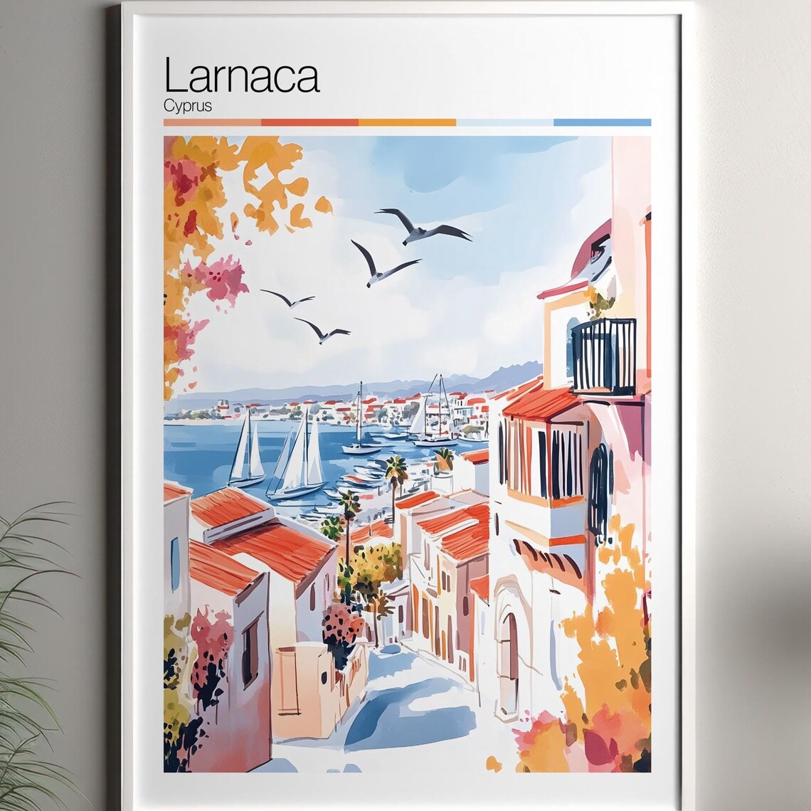 Larnaca Cyprus Marina Sailboats Sunny Old Street Travel Poster