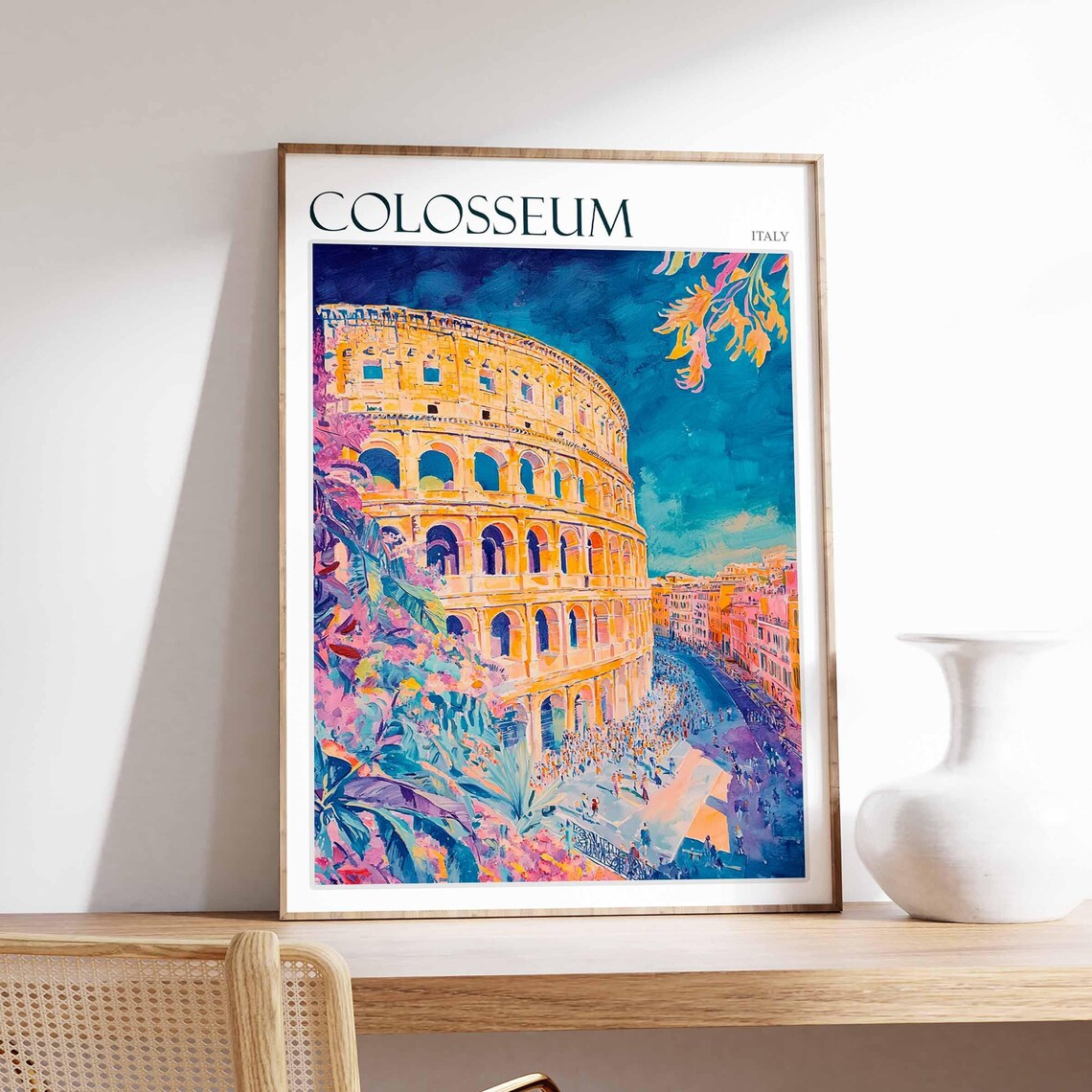 Colosseum Italy Travel Poster Night Blue Sky Magenta Flower Garden