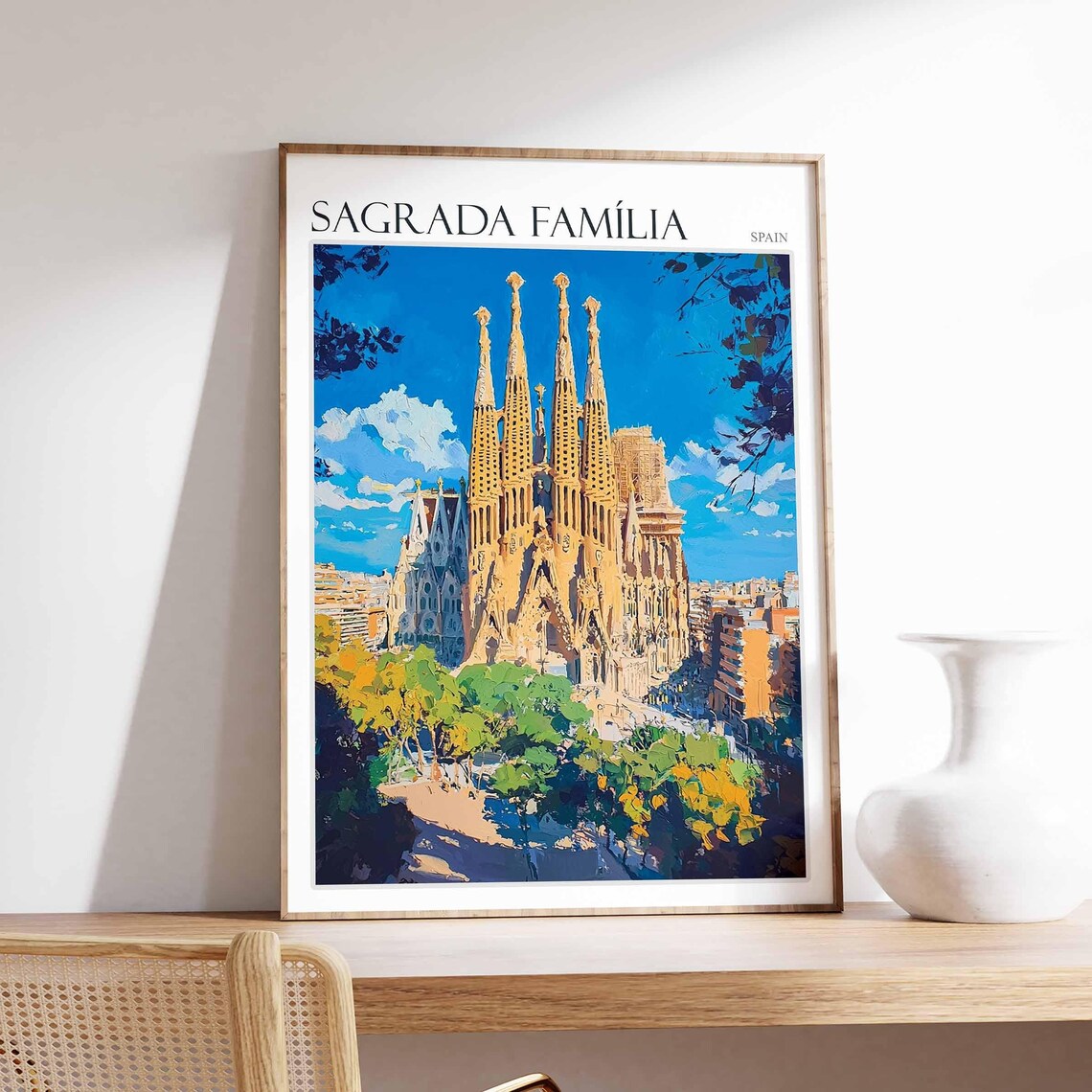 Sagrada Familia Golden Stone Spires Blue Sky Spain Travel Poster