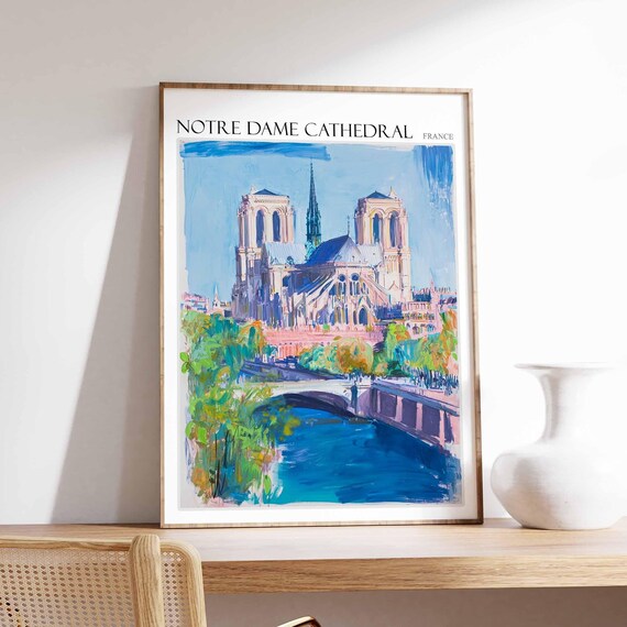 Notre Dame Cathedral Poster Notre Dame Cathedral Travel Print France Travel Poster Tropical Decor Travel Gift Floral Print