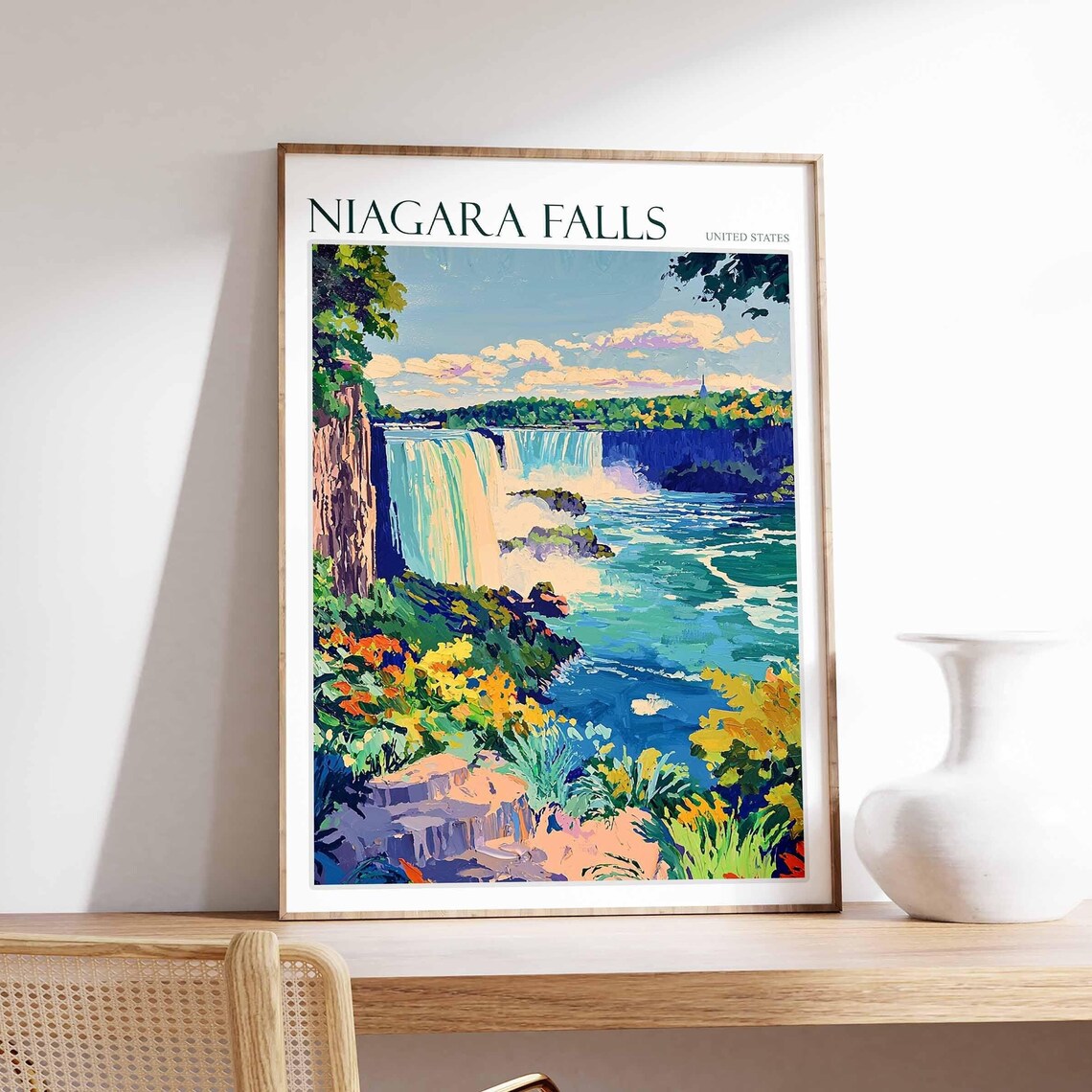 Niagara Falls Side View Lush Gardens Colorful Painting Poster