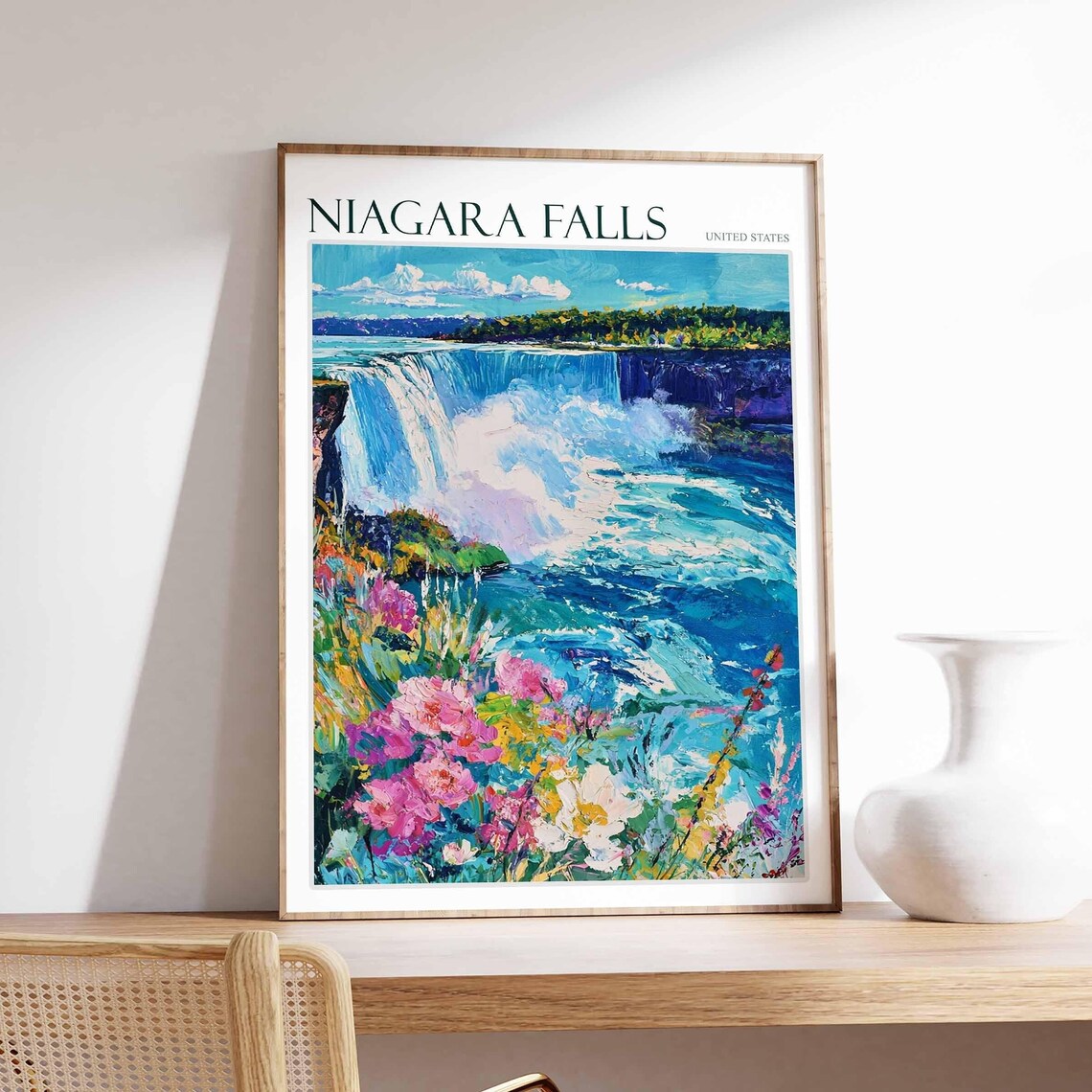 Niagara Falls Close Up Pink Wildflowers Impasto Vivid Art Poster