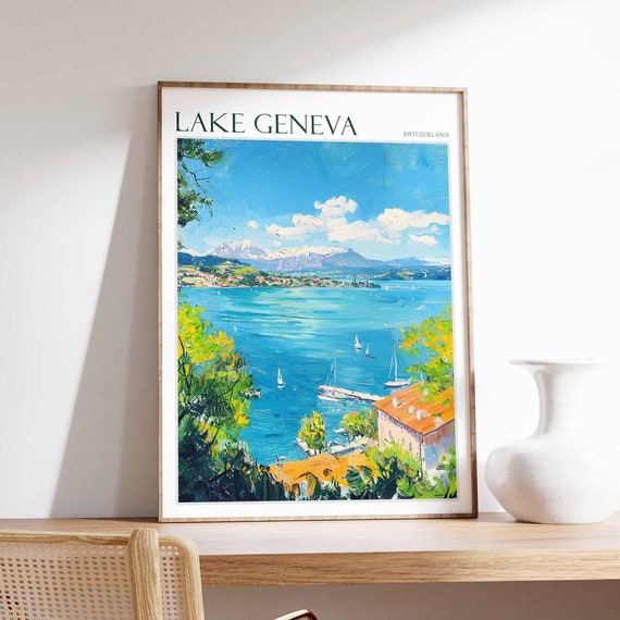 Lake Geneva Poster Switzerland Travel Print Swiss Decor Europe Travel Poster European Wall Art Lake Geneva Travel Poster
