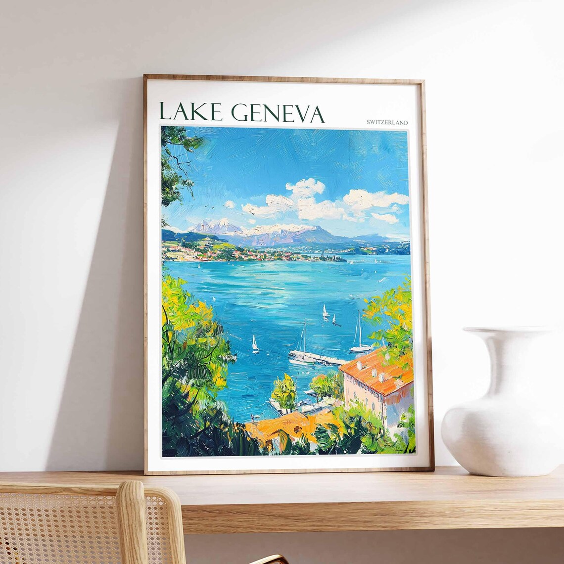Lake Geneva Switzerland Panoramic Alpine Lake Sailboats Scene Poster