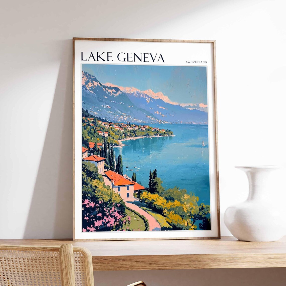 Lake Geneva Switzerland Curving Shoreline Town Alpine Poster